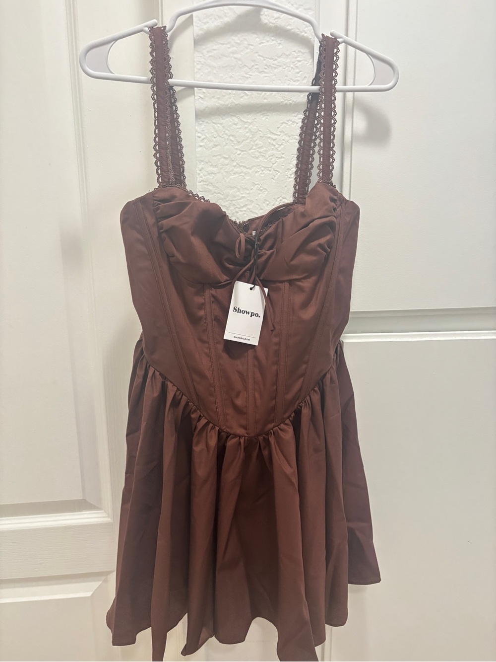 Showpo Chocolate Brown Lace-Trim Dress